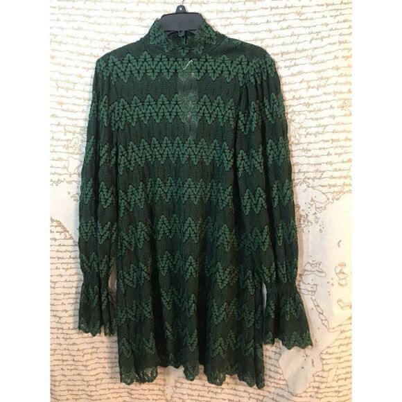 Free People Simone Green Comb Sheer Lace Mini Dress Small Chevron Boho.   Ee - Picture 1 of 10